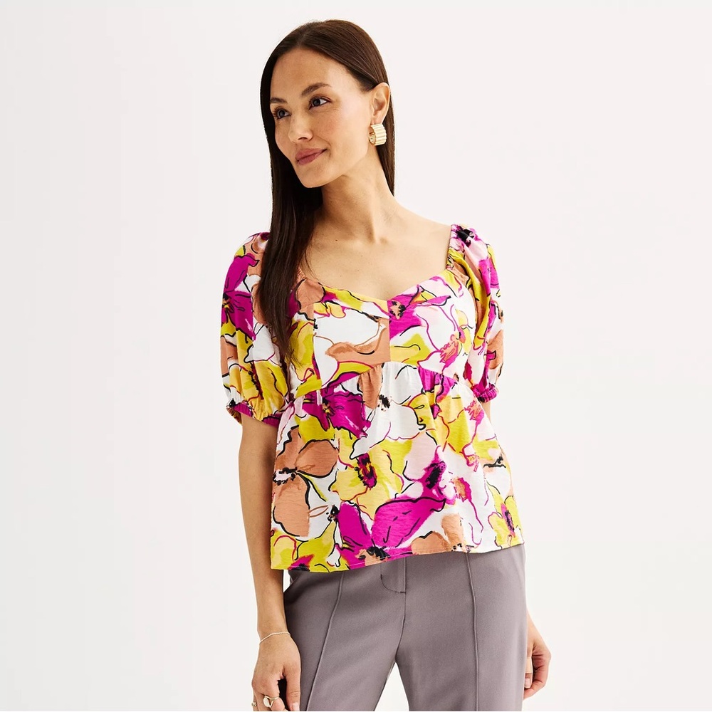 Nine West M Pink/Yellow Floral Babydoll Top